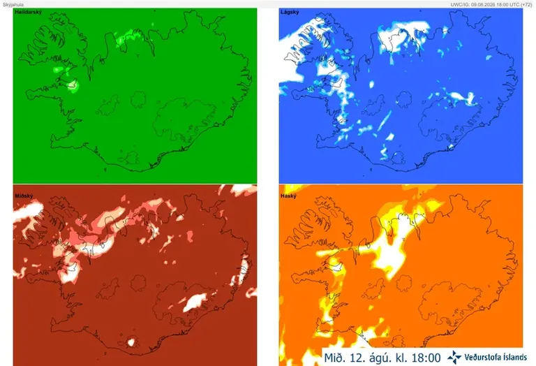 Four cloud-cover forecast maps of Iceland for 18:00 on Wednesday 12 August, showing total, low, mid-level and high cloud. Total cloud cover is nearly complete nationwide, while the individual cloud layers show some breaks over western Iceland and the Westfjords in slightly different locations.